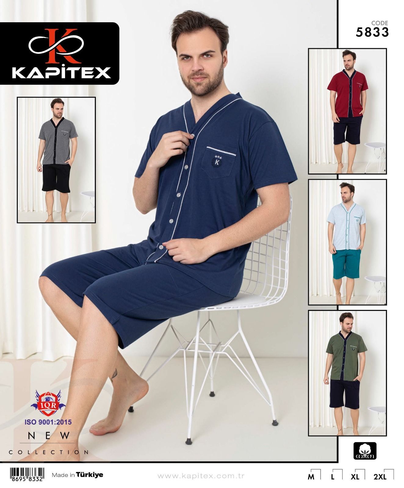 Kapitex 5833 Erkek Kısa Kol Boydan Düğmeli Kapri Pijama Takım 4'lü