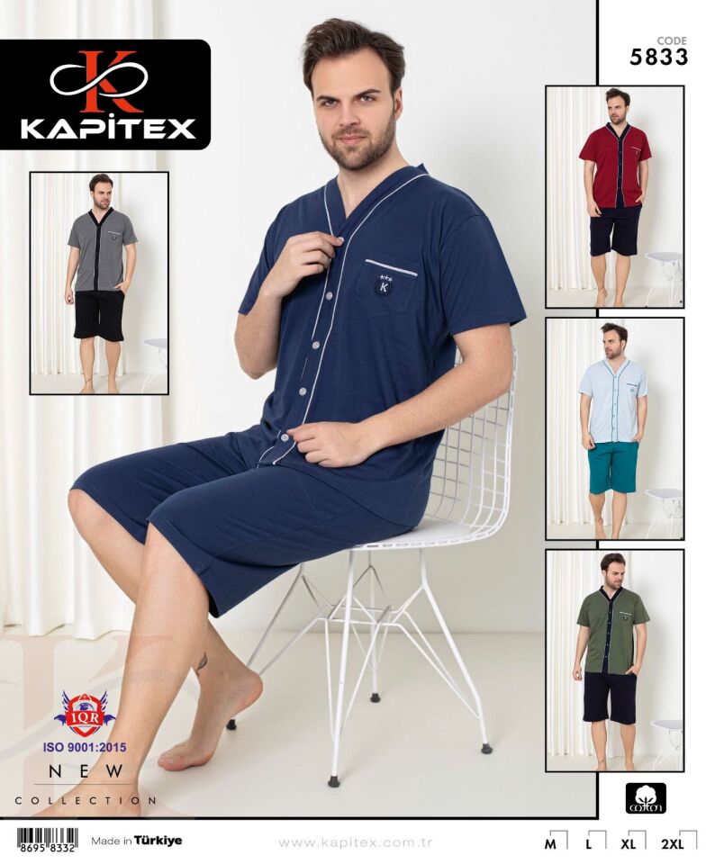 Kapitex 5833 Erkek Kısa Kol Boydan Düğmeli Kapri Pijama Takım 4'lü