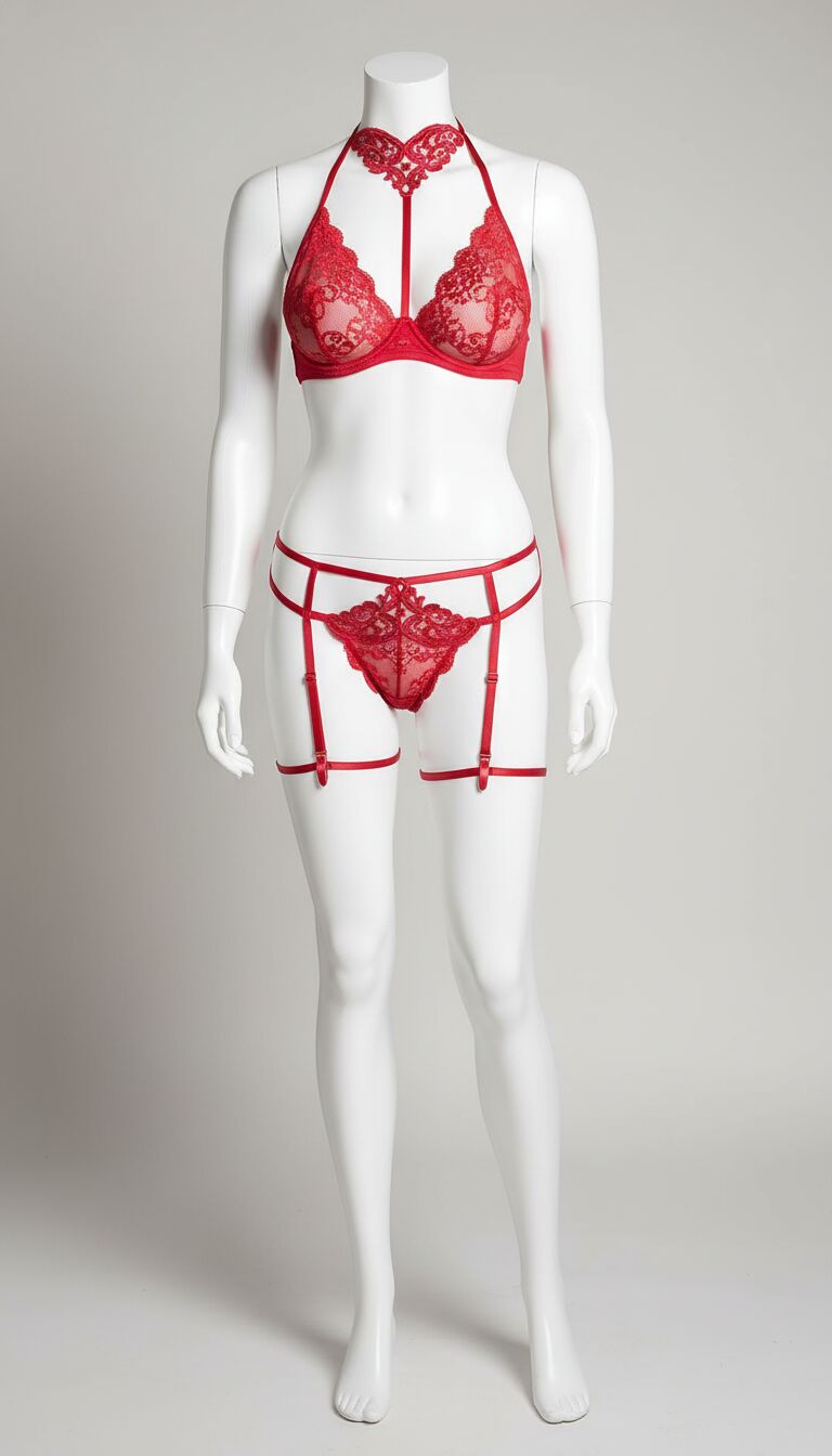 Arias Closet Kırmızı Göğüsü Açık Güpür Detaylı Fantezi Jartiyer Takımı