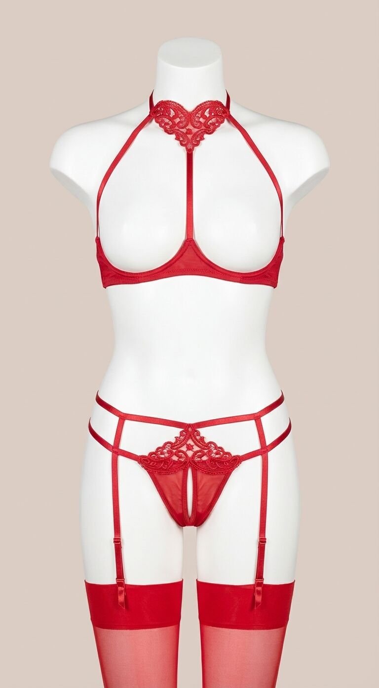 Kırmızı Göğüsü Açık Güpür Detaylı Fantezi Jartiyer Takımı