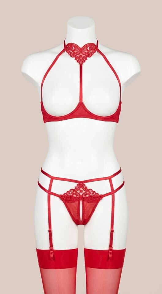 Kırmızı Göğüsü Açık Güpür Detaylı Fantezi Jartiyer Takımı