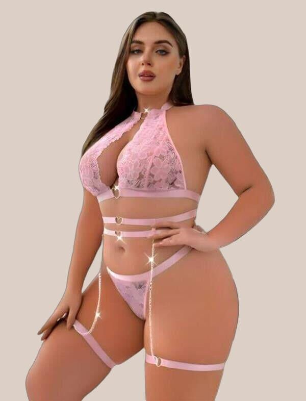 Büyük Beden Pembe Dantel İşlemeli Zincir Detaylı Jartiyer Takımı