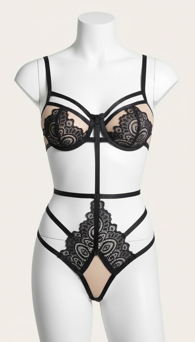 Siyah Özel Bölgesi Açık Dantelli Fantezi Body