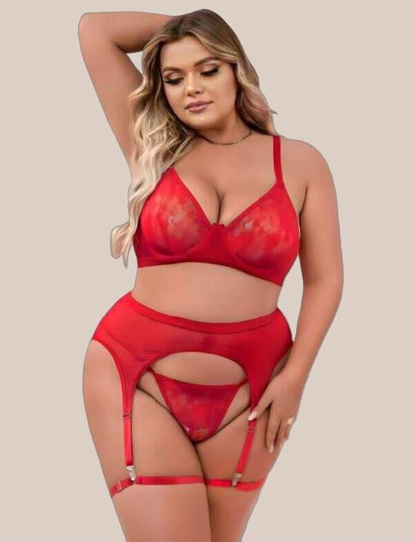 Arias Closet Büyük Beden Kırmızı Dantel İşlemeli Fantezi Jartiyer Takımı