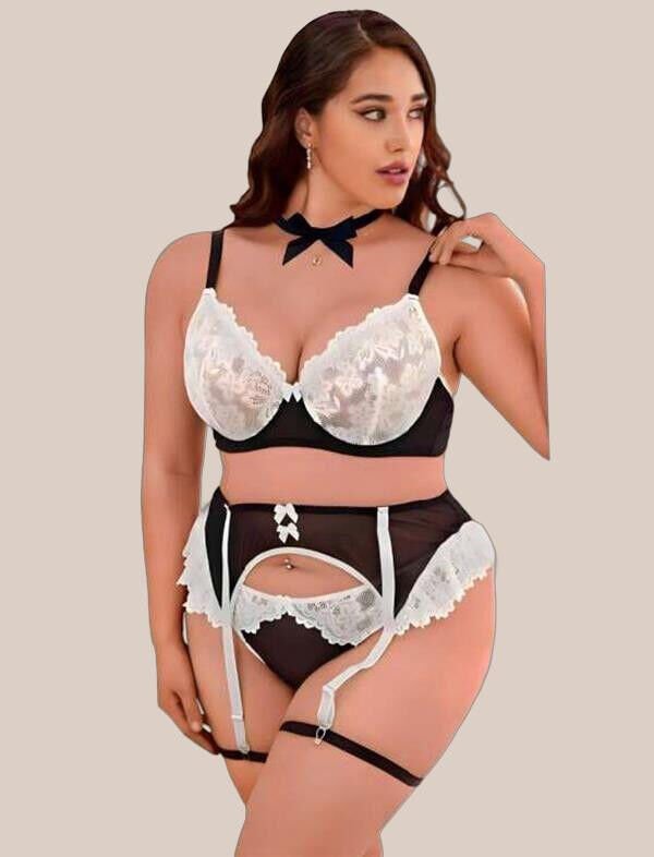 Arias Closet Büyük Beden Siyah Beyaz Dantel İşlemeli Fantezi Jartiyer Takımı