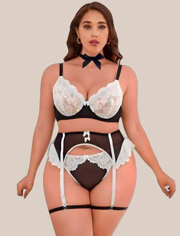 Arias Closet Büyük Beden Siyah Beyaz Dantel İşlemeli Fantezi Jartiyer Takımı