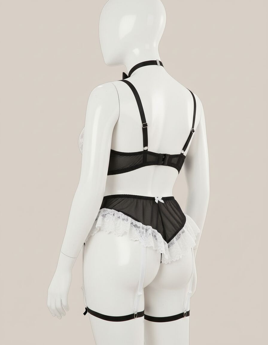 Arias Closet Büyük Beden Siyah Beyaz Dantel İşlemeli Fantezi Jartiyer Takımı