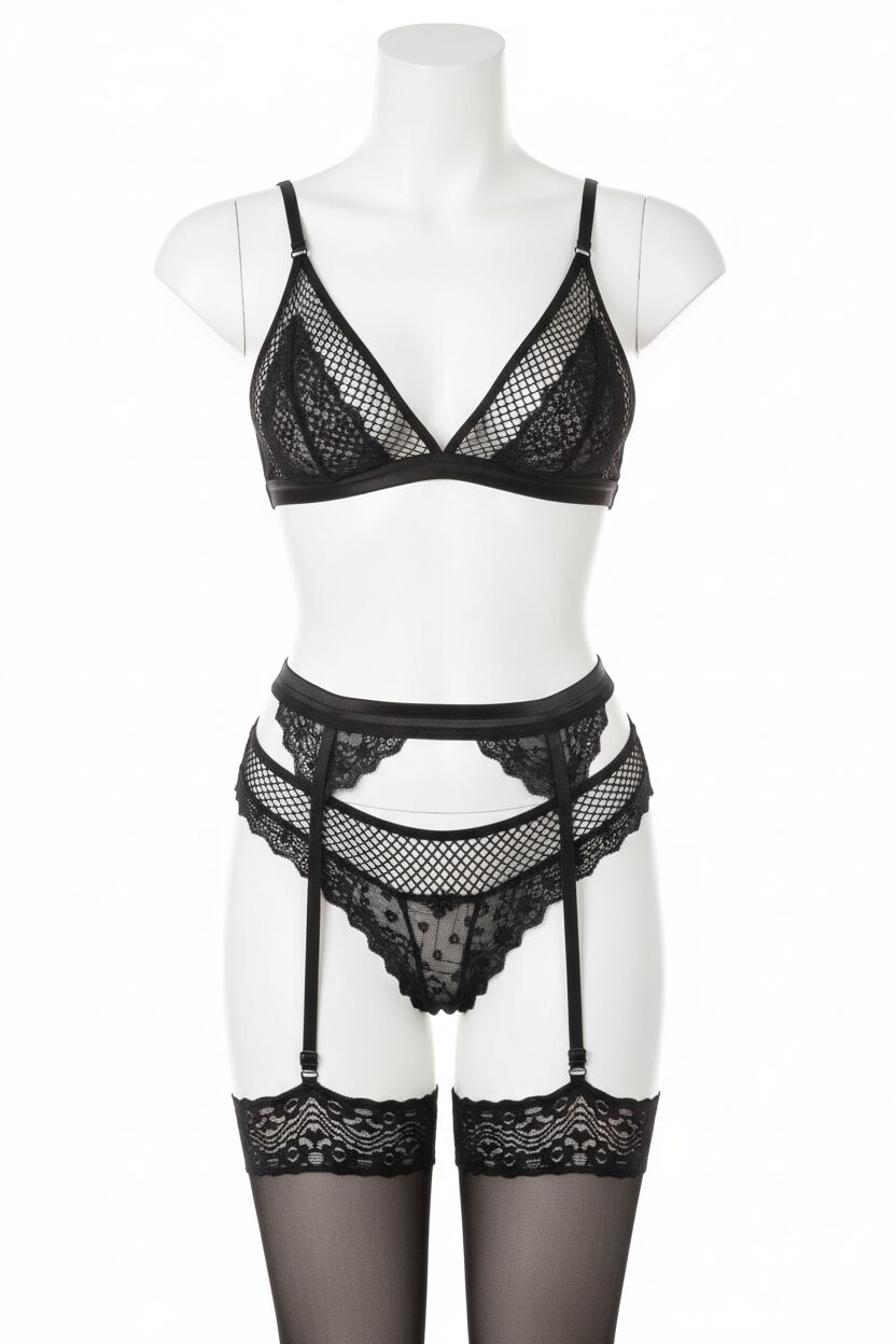 Siyah Dantel İşlemeli Fileli Fantezi Jartiyer Takımı