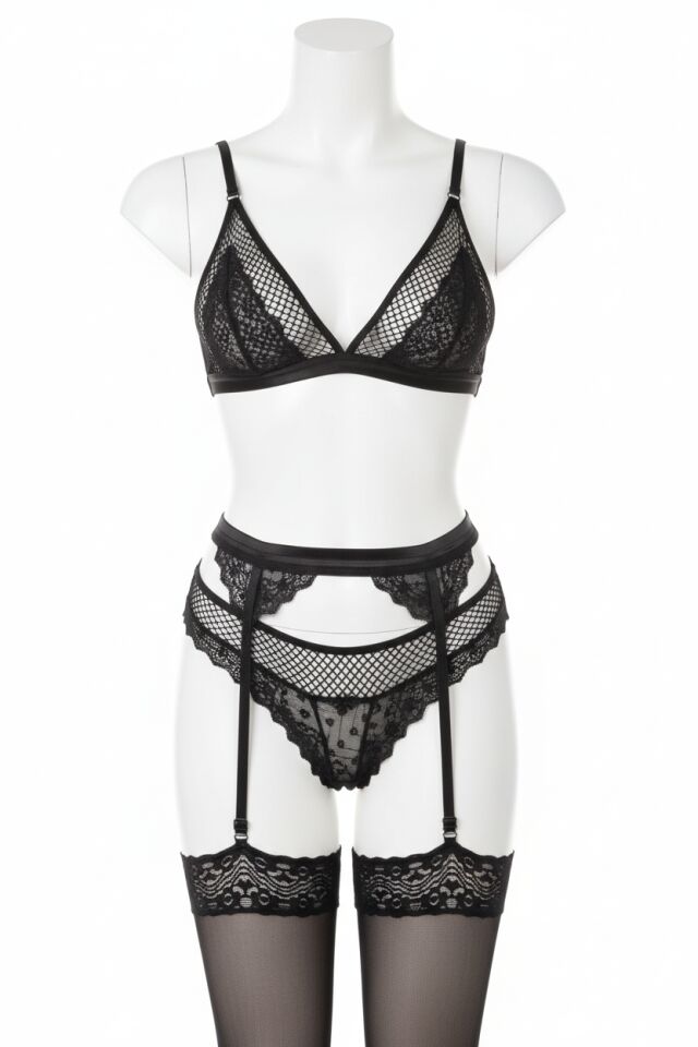 Siyah Dantel İşlemeli Fileli Fantezi Jartiyer Takımı