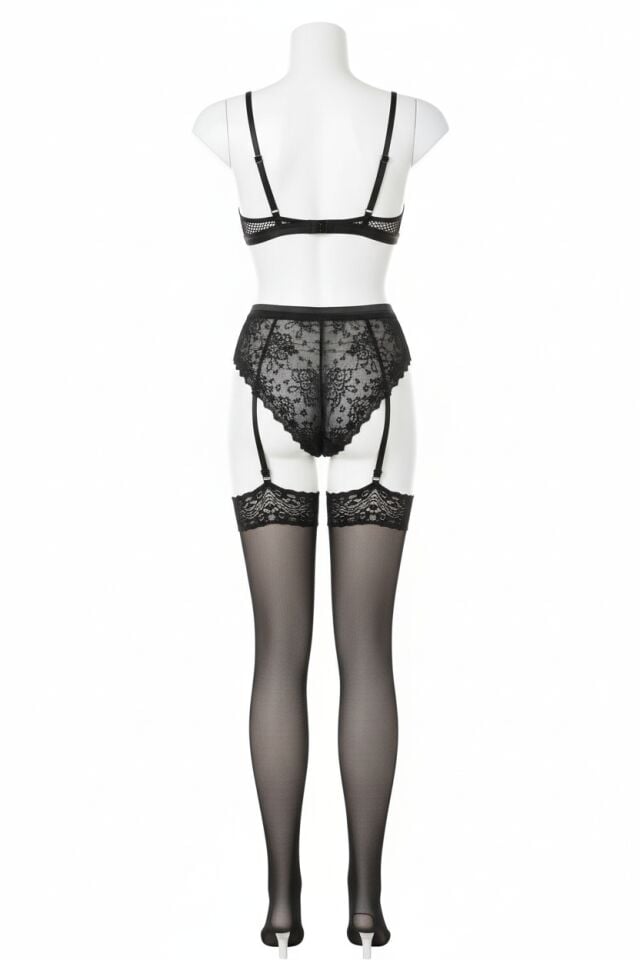 Arias Closet Siyah Dantel İşlemeli Fileli Fantezi Jartiyer Takımı