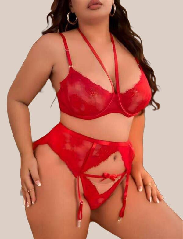 Arias Closet Büyük Beden Kırmızı Dantel İşlemeli İpli Fantezi Jartiyer Takımı