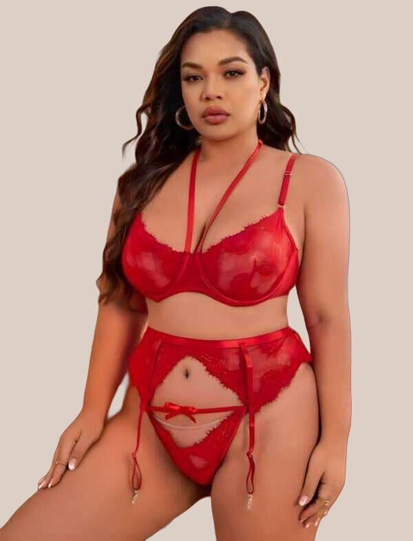 Arias Closet Büyük Beden Kırmızı Dantel İşlemeli İpli Fantezi Jartiyer Takımı