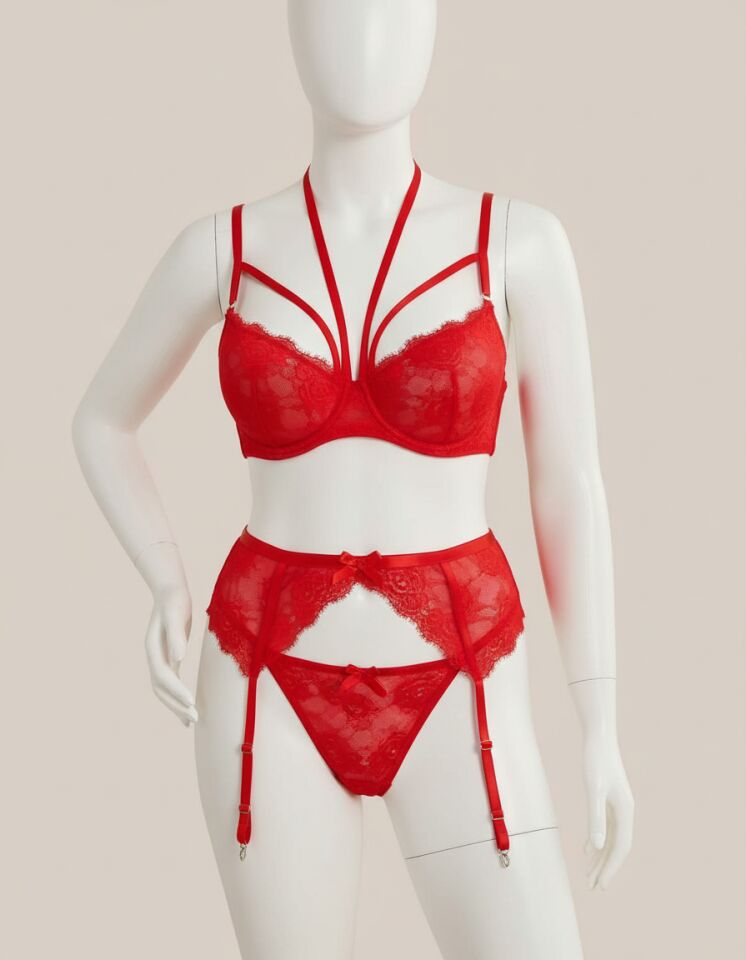 Arias Closet Büyük Beden Kırmızı Dantel İşlemeli İpli Fantezi Jartiyer Takımı