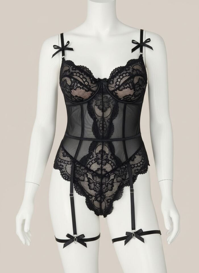Arias Closet Siyah Dantel İşlemeli Özel Bölgesi Açık Fantezi Body Jartiyer Takımı