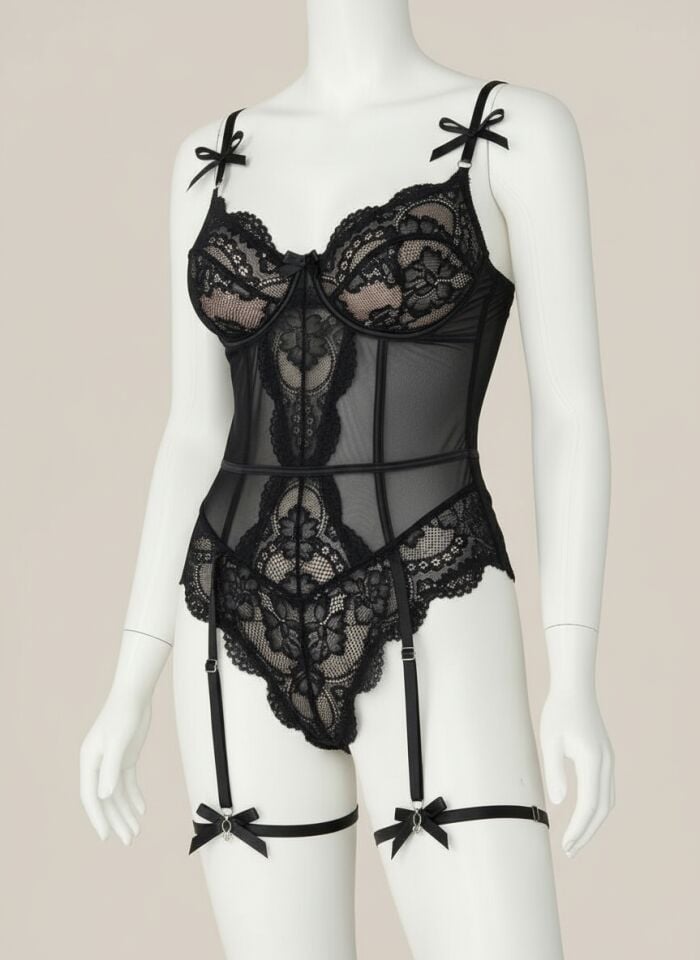 Arias Closet Siyah Dantel İşlemeli Özel Bölgesi Açık Fantezi Body Jartiyer Takımı