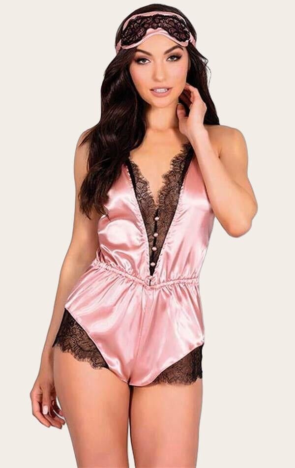 Arias Closet Pembe Dantelli Sırtı Çapraz Saten Şort Tulum