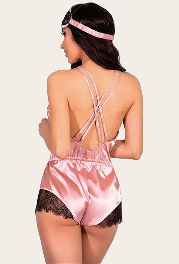 Arias Closet Pembe Dantelli Sırtı Çapraz Saten Şort Tulum