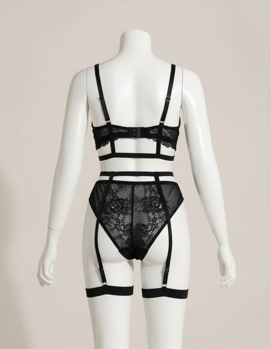 Arias Closet Büyük Beden Siyah Dantel İşlemeli İpli Fantezi Jartiyer Takımı