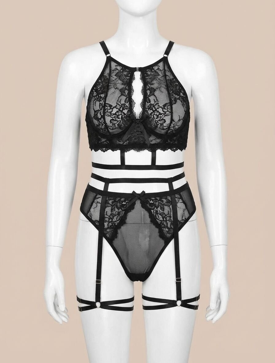 Büyük Beden Siyah Dantel İşlemeli İpli Fantezi Jartiyer Takımı