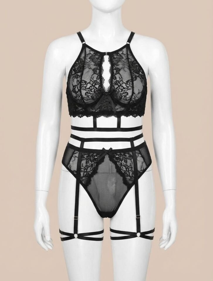 Büyük Beden Siyah Dantel İşlemeli İpli Fantezi Jartiyer Takımı