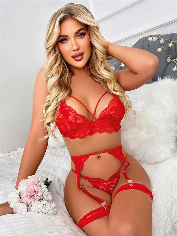 Arias Closet Kırmızı Göğüs İp Detaylı Dantel İşlemeli Fantezi Jartiyer Takımı