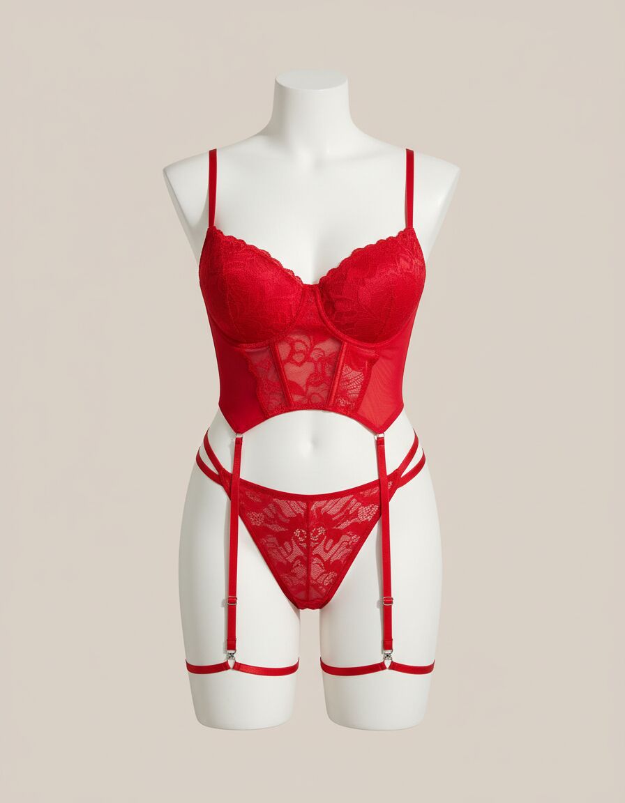 Arias Closet Büyük Beden Kırmızı Dantel İşlemeli Büstiyer Fantezi Jartiyer Takımı