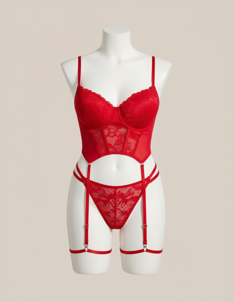 Arias Closet Büyük Beden Kırmızı Dantel İşlemeli Büstiyer Fantezi Jartiyer Takımı