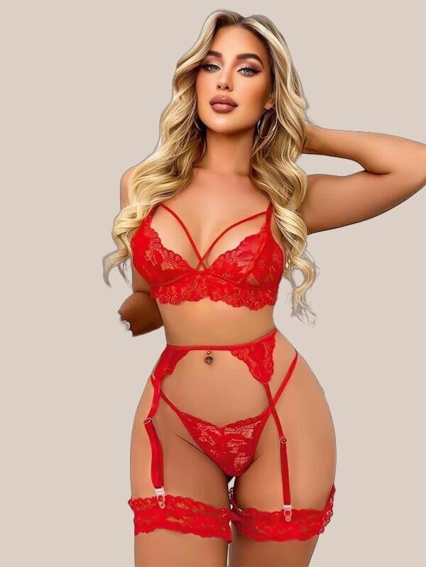 Arias Closet Kırmızı Göğüs İp Detaylı Dantel İşlemeli Fantezi Jartiyer Takımı