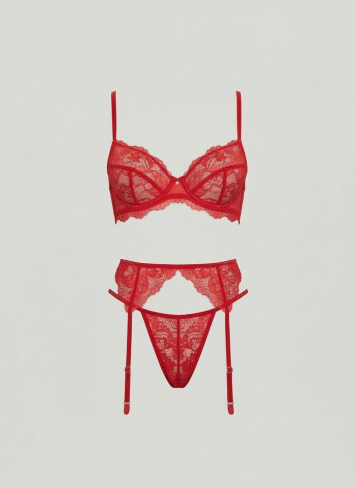 Arias Closet Kırmızı Göğüs İp Detaylı Dantel İşlemeli Fantezi Jartiyer Takımı