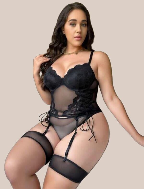 Arias Closet Büyük Beden Siyah Dantel İşlemeli İpli Transparan Fantezi Jartiyer Takımı