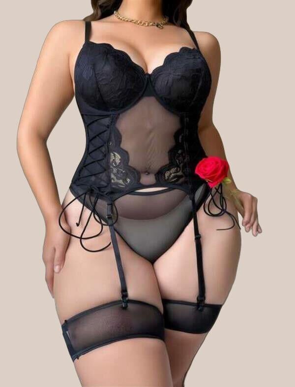 Büyük Beden Siyah Dantel İşlemeli İpli Transparan Fantezi Jartiyer Takımı