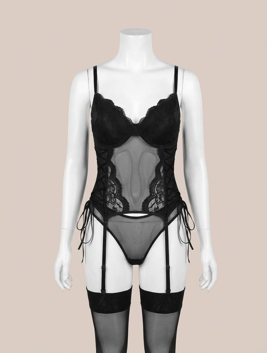 Büyük Beden Siyah Dantel İşlemeli İpli Transparan Fantezi Jartiyer Takımı