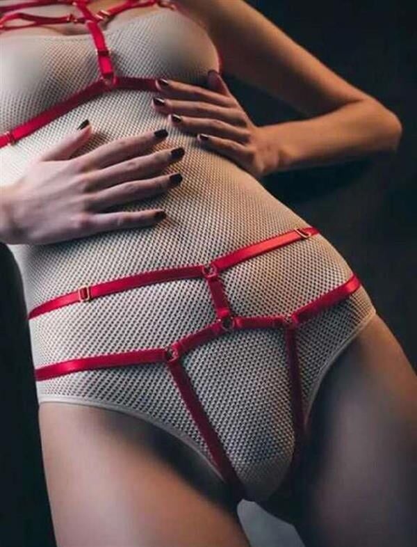 Arias Closet Kırmızı Fantezi Deri Sütyen Külot Harness