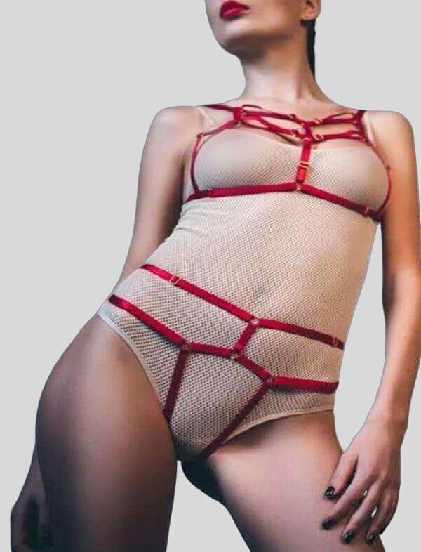 Arias Closet Kırmızı Fantezi Deri Sütyen Külot Harness