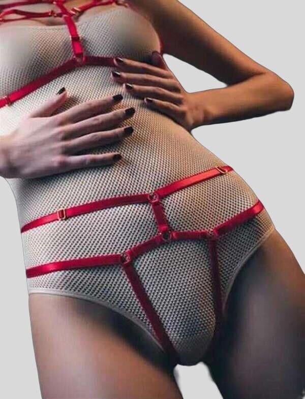 Arias Closet Kırmızı Fantezi Deri Sütyen Külot Harness