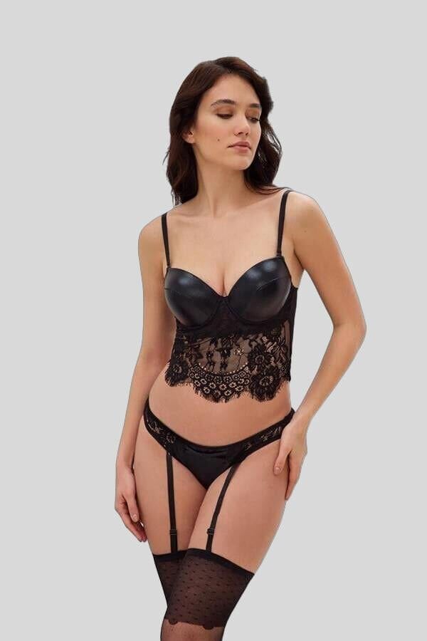 Kadın Deri Görünümlü Balenli Destekli Dolgulu Askıları Çıkabilen Dantelli Büstiyer Sütyen Jartiyerli String ve Çorap 3'lü Takım