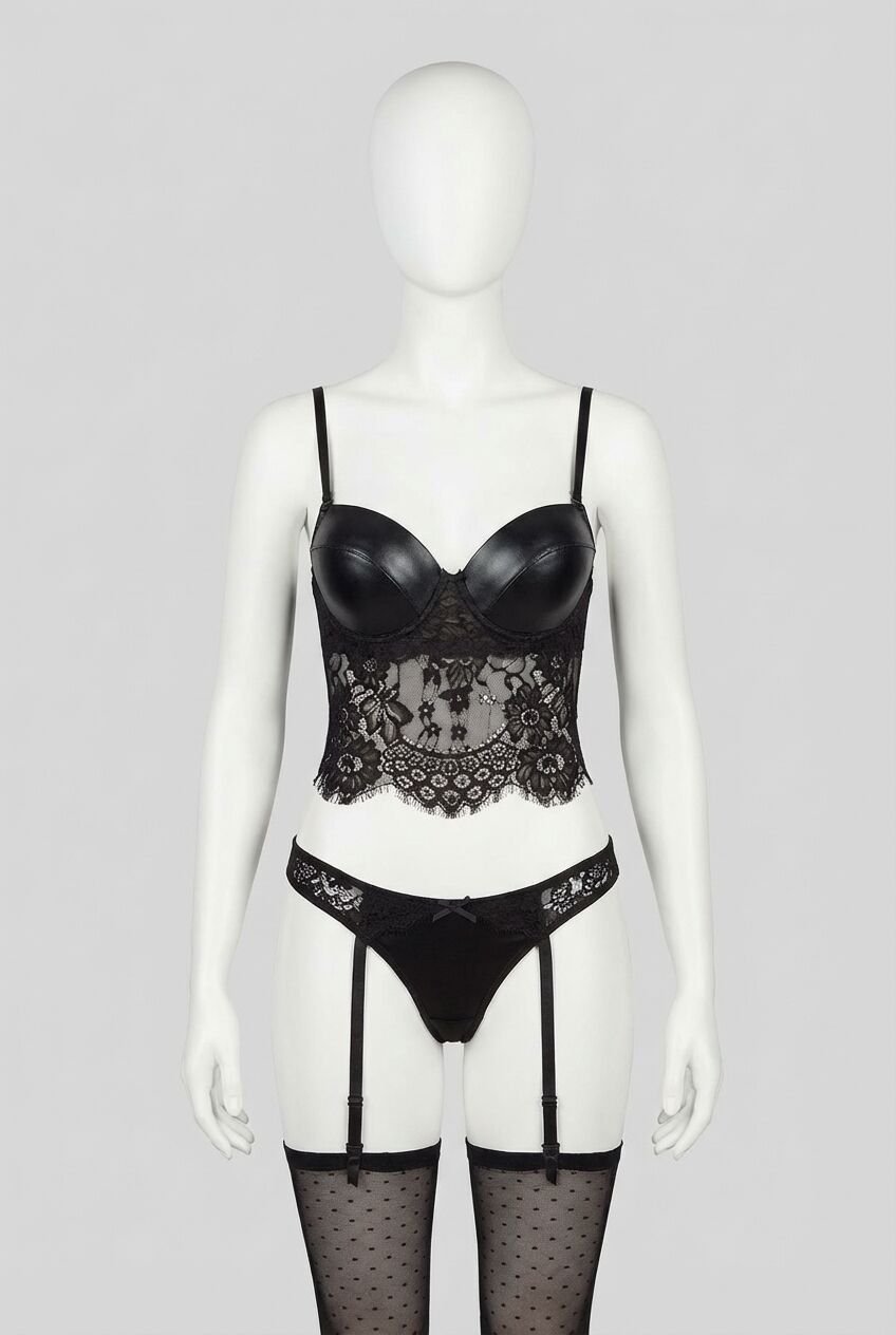 Kadın Deri Görünümlü Balenli Destekli Dolgulu Askıları Çıkabilen Dantelli Büstiyer Sütyen Jartiyerli String ve Çorap 3'lü Takım