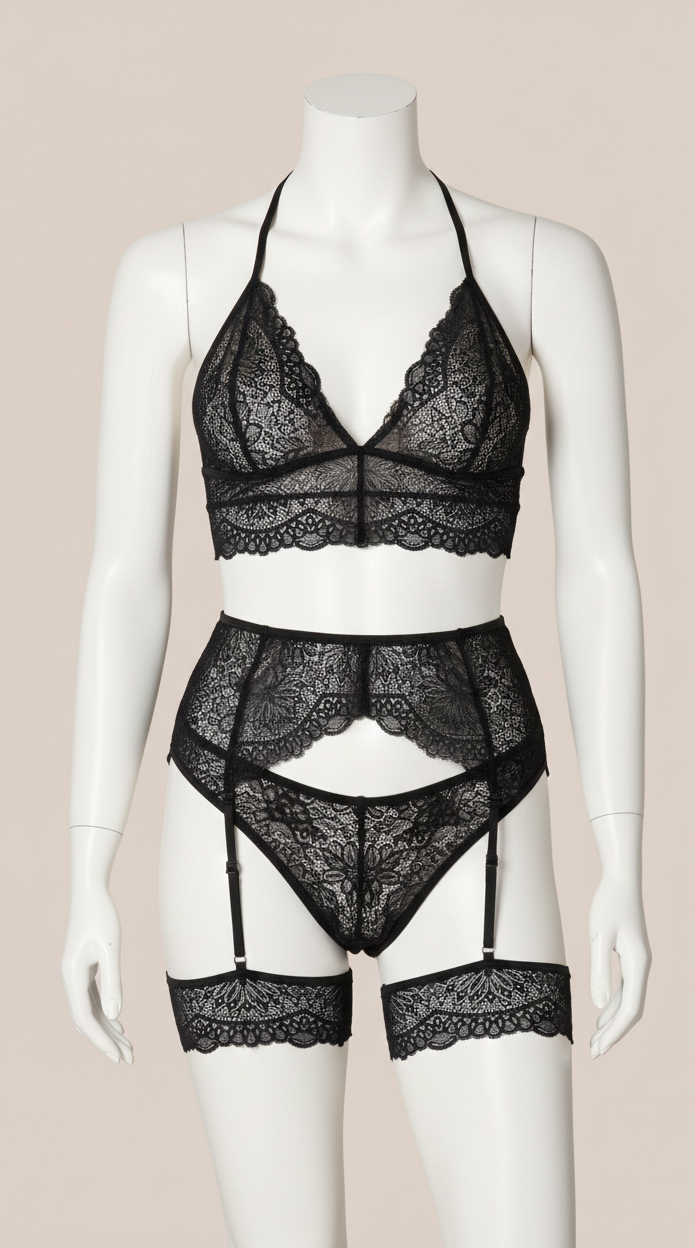 Siyah Dantel İşlemeli Fantezi Fileli Jartiyer Takımı