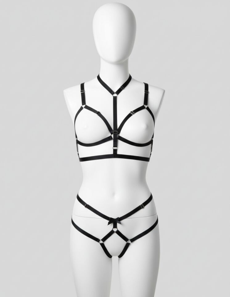 Arias Closet Siyah Fantezi Deri Sütyen Külot Harness