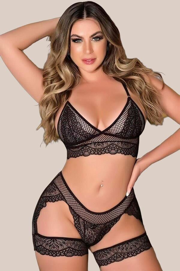 Arias Closet Siyah Dantel İşlemeli Fantezi Fileli Jartiyer Takımı