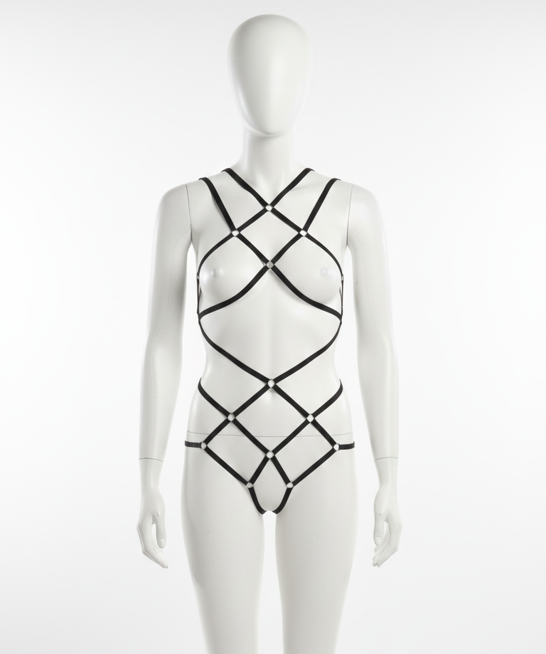 Siyah Fantezi Çapraz Şeritli Deri Harness