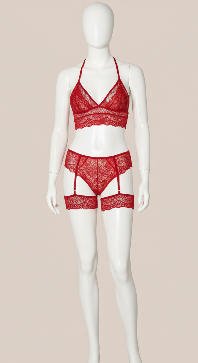 Kırmızı Dantel İşlemeli Fantezi Fileli Jartiyer Takım