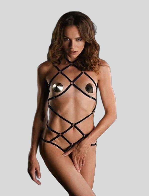 Siyah Fantezi Çapraz Şeritli Deri Harness