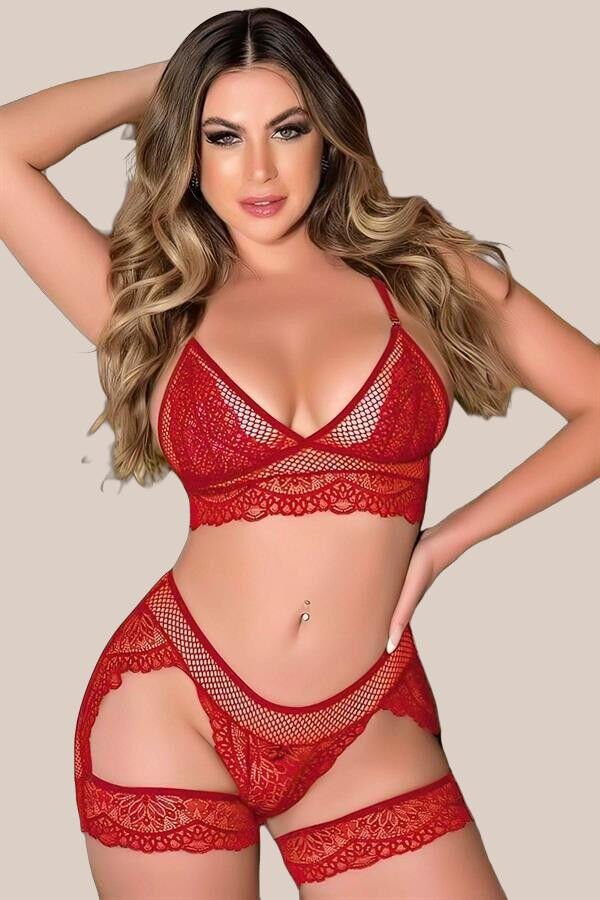 Arias Closet Kırmızı Dantel İşlemeli Fantezi Fileli Jartiyer Takım