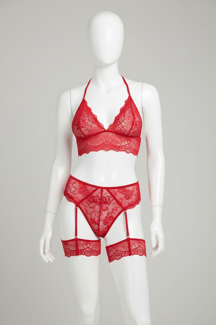 Arias Closet Kırmızı Dantel İşlemeli Fantezi Fileli Jartiyer Takım