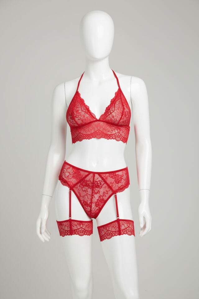 Arias Closet Kırmızı Dantel İşlemeli Fantezi Fileli Jartiyer Takım