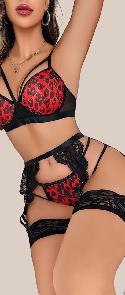 Arias Closet Kırmızı Leopar Desenli Fantezi Jartiyer Takımı