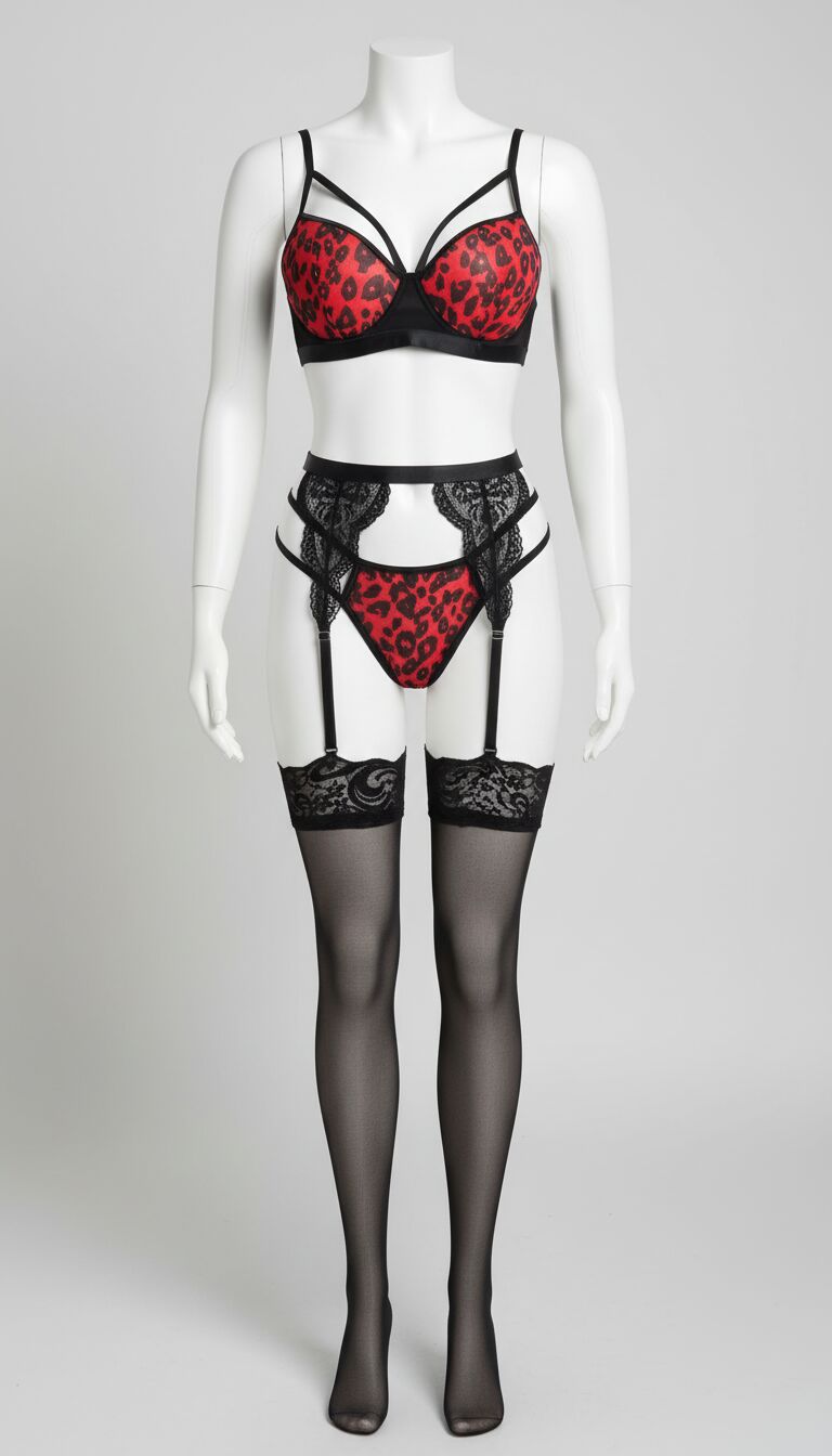 Arias Closet Kırmızı Leopar Desenli Fantezi Jartiyer Takımı