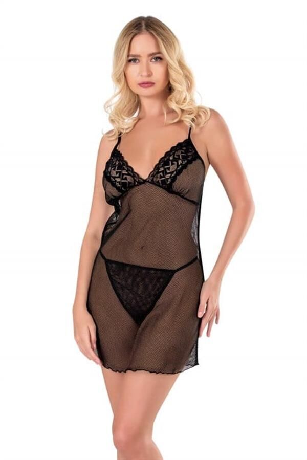 Arias Closet Siyah Kısa File-Tül Gecelik 8124