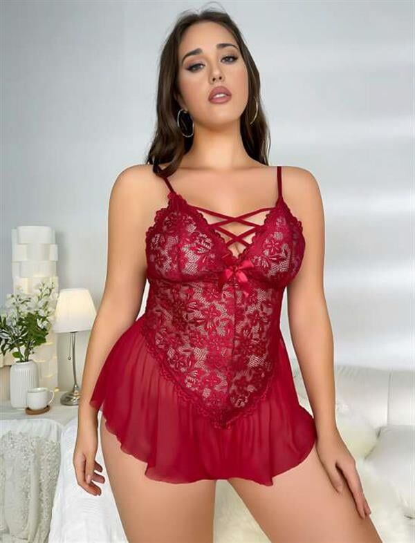 Arias Closet Büyük Beden Bordo Dantel İşlemeli Fırfırlı Fantezi Babydoll